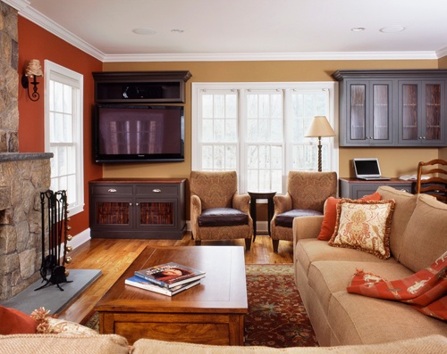 Connecticut great room with fireplace and warm colors, designed and built by Clark Construction of Ridgefield, Inc.