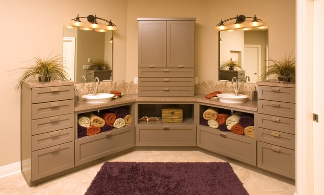 dual vanities with open shelves below in master bath remodel
