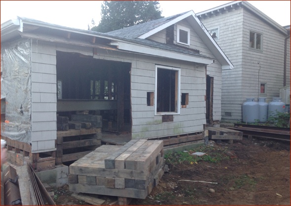 Steel beams at the front of the cottage.