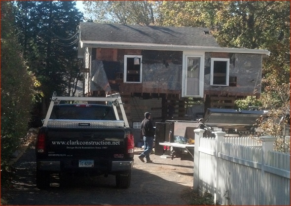 view down the driveway after the house is raised