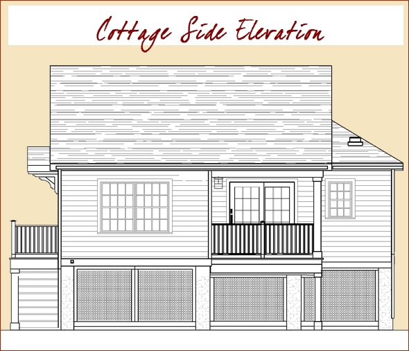  Side elevation of the cottage, showing porch and lattice panels under it.