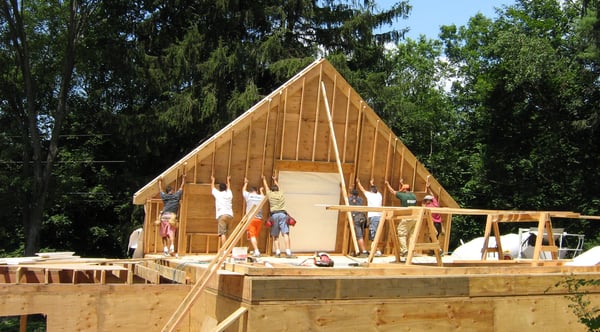 Clark Construction of Ridgefield,Inc builds a gable wall on a Wilton, CT addition.