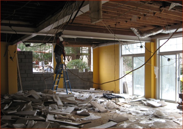 Demo of ceiling begins.