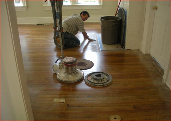 Hardwood floor finishing work.