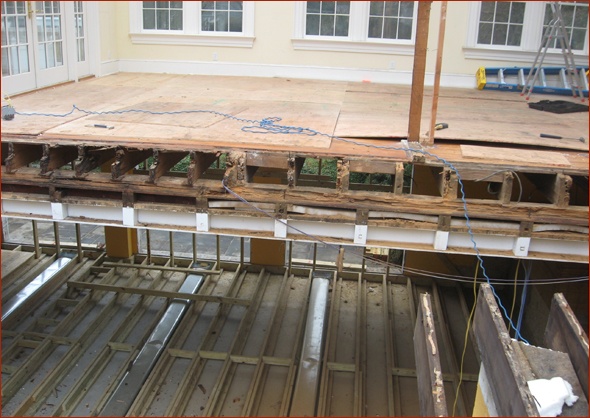 The ceiling of the lower level has been removed.