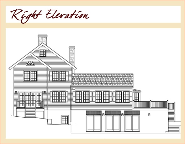 Right elevation of historic New Canaan CT. home shows new great room addition with pool conversion to interior space below.