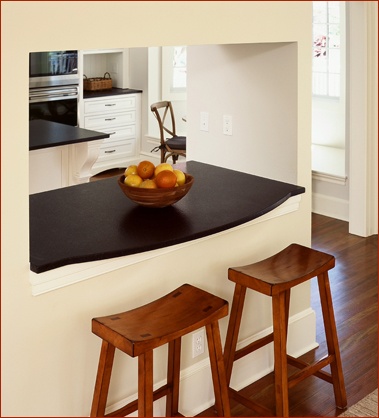 On the great room side, stools provide an ideal homework station.