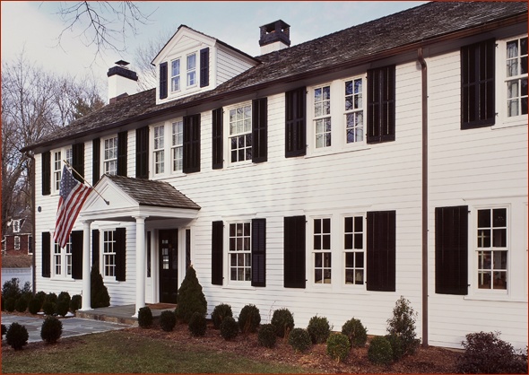 Front of historic New Canaan CT home, with remodeling by Clark Construction.