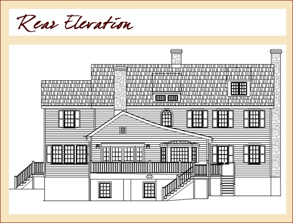 Rear elevation plan of a historical New Canaan CT. home by Clark Construction.