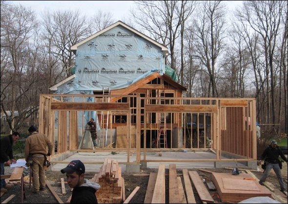 Oversized garage takes shape.