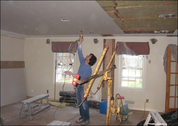 Sheetrock on the family room ceiling.