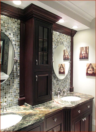 Clark Construction's Ridgefield, CT showroom double vanity with glass tile and dual sinks