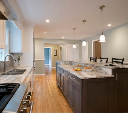 Bilevel island with room for two cooks to work beside one another.
