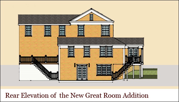 Designer's rendering of the family room addition, viewed from the rear.