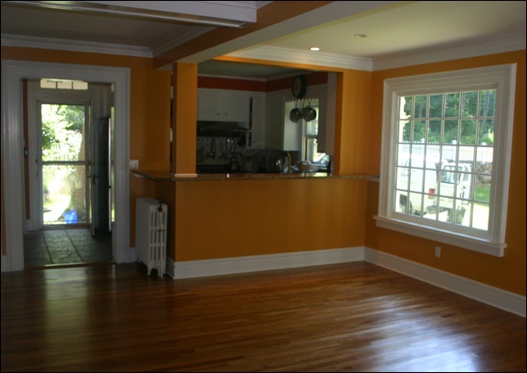 View from the kitchen to the family room addition of this historic Wilton CT home.