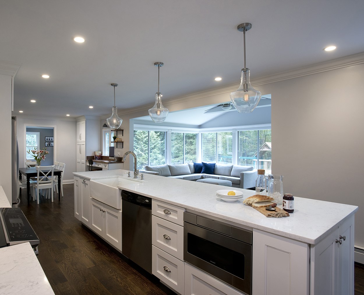 Looking over the island in this kitchen remodel in Fairfield County