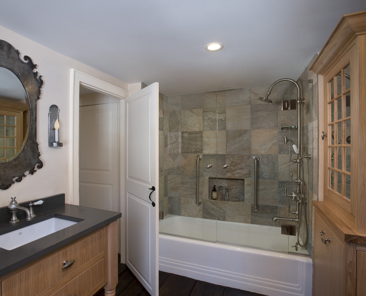 Slate tub surround with french shower doors in Redding bath redo