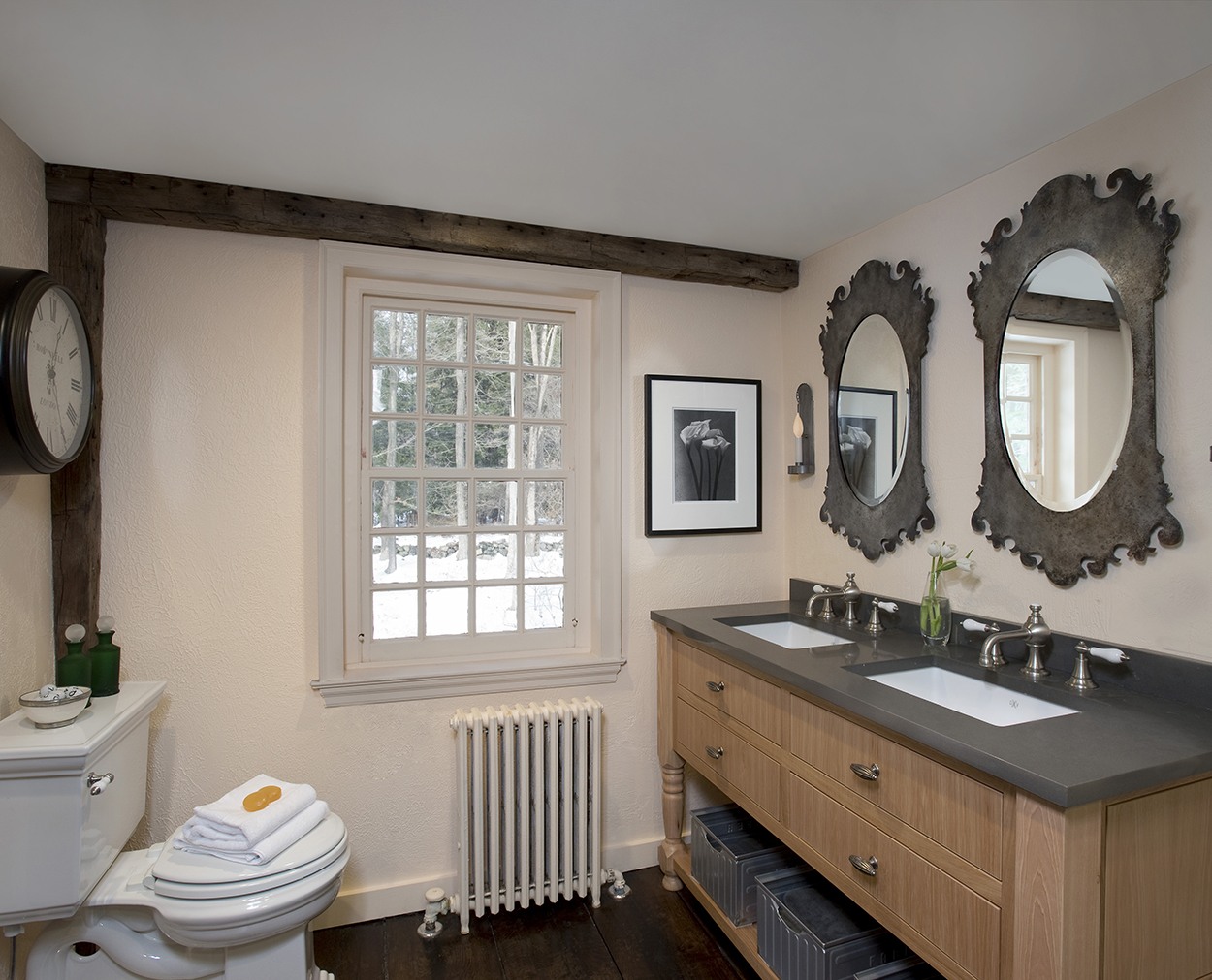 Double vanity with towel storage in Wilton CT master bath remodel