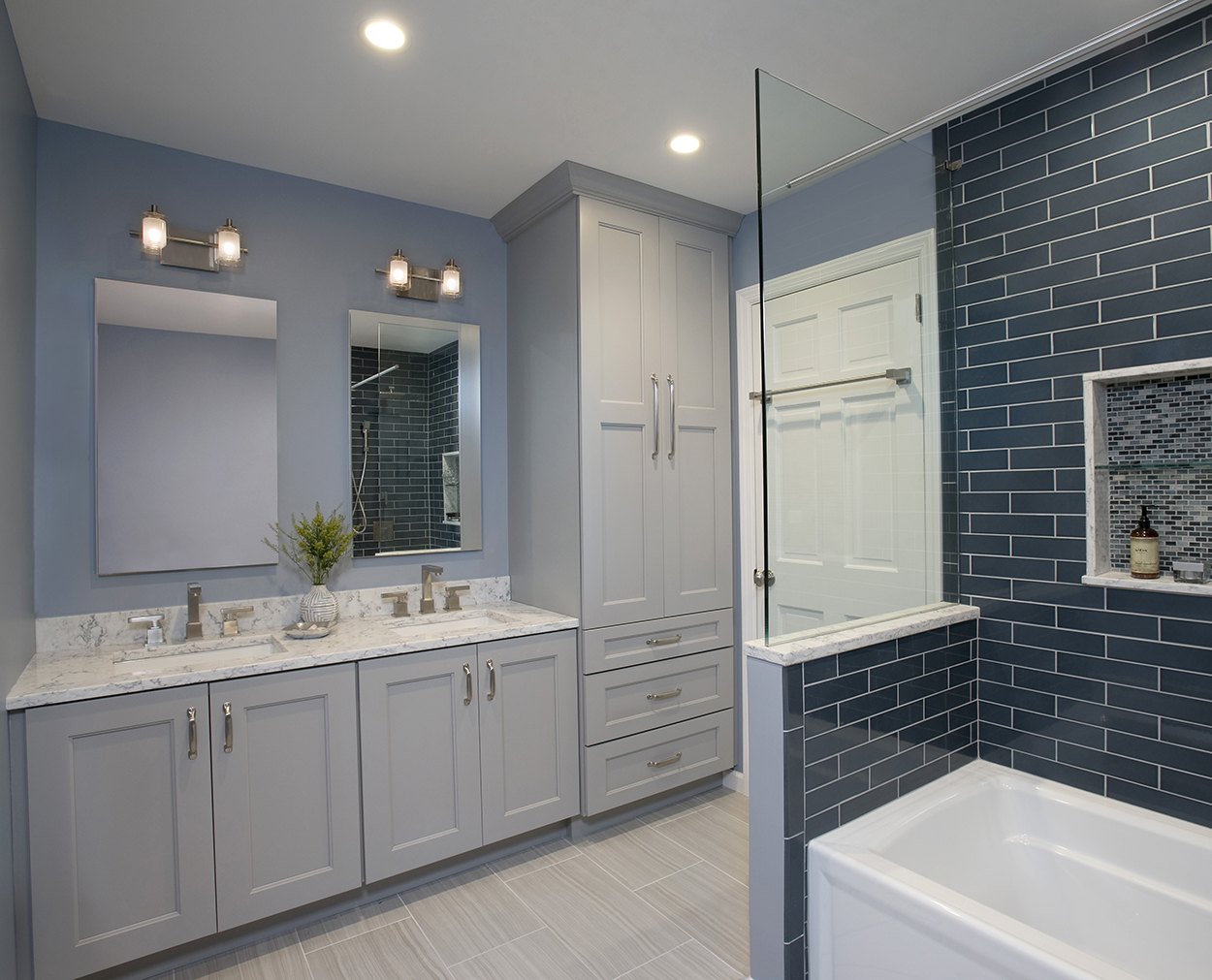 Wellborn Dove Vanities in this Ridgefield bathroom renovation