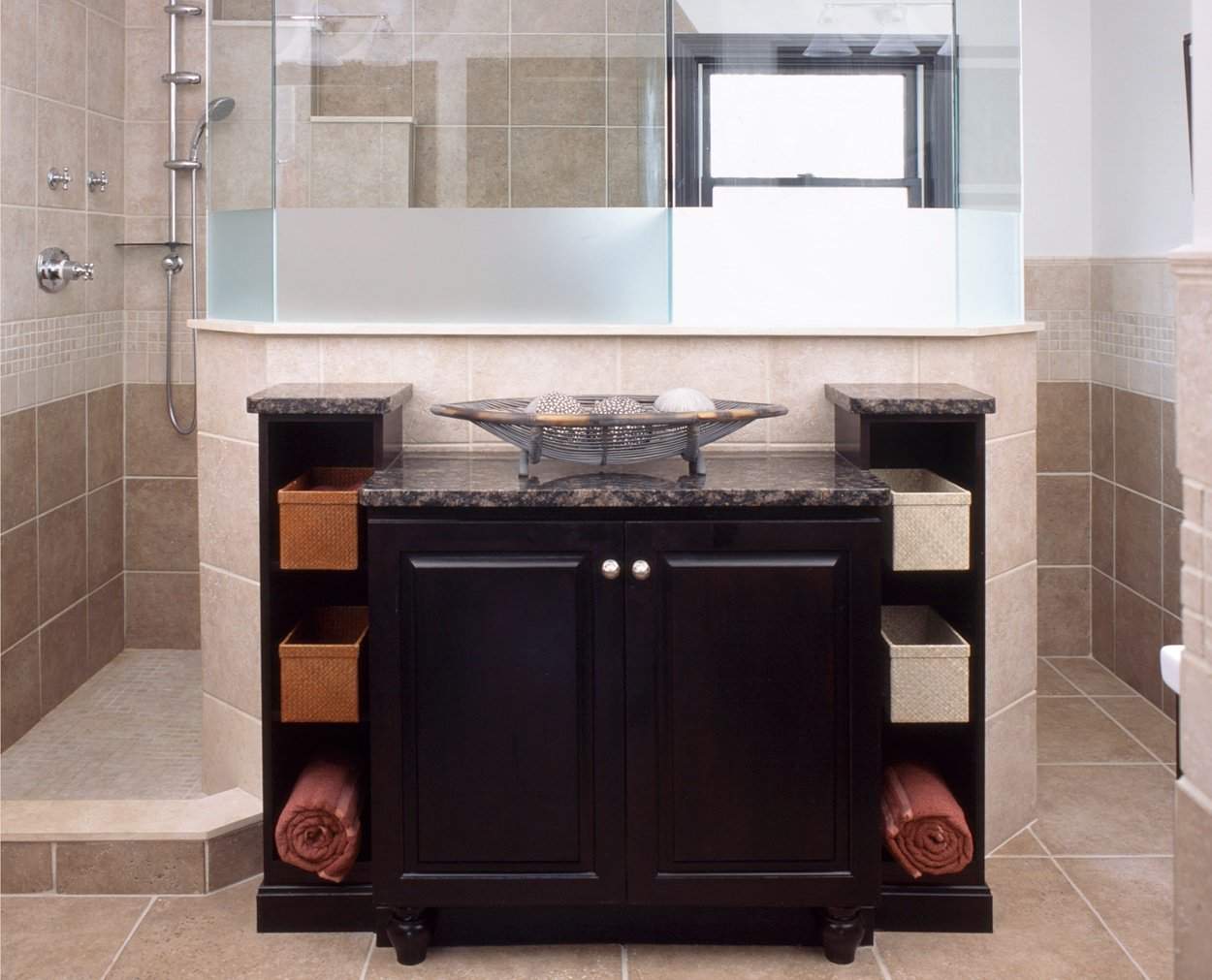 Back cabinetry with an asian feel, in Ridgefield CT master bath.