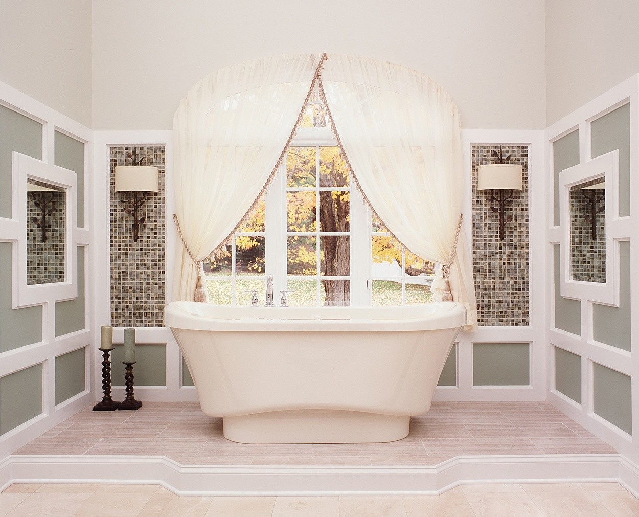 Intricate detailing breaks up the lines in this oversized master bath.