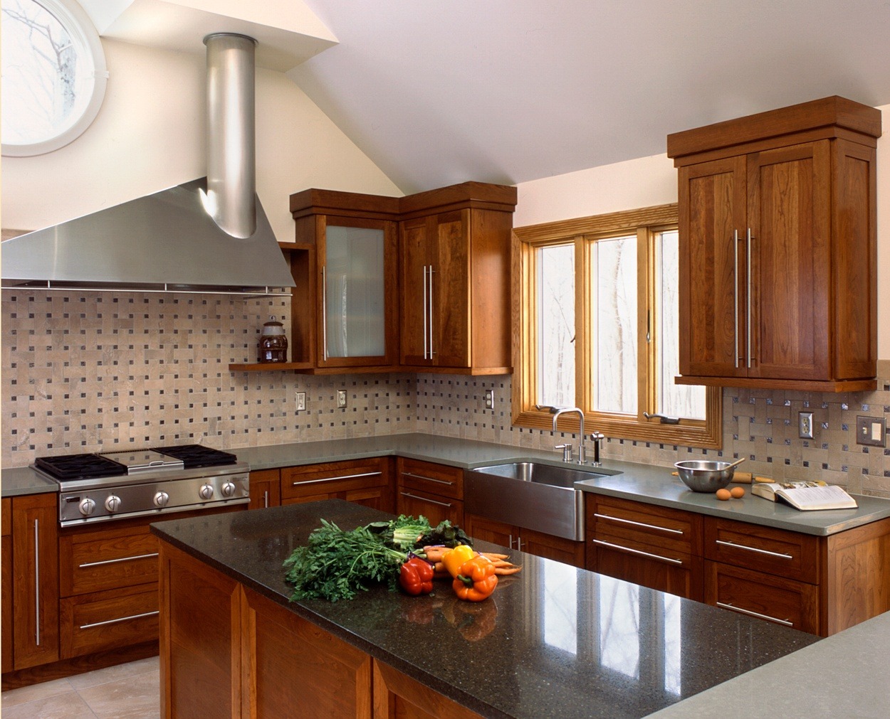 Geometric lines in this Redding kitchen design with cherry cabinets.